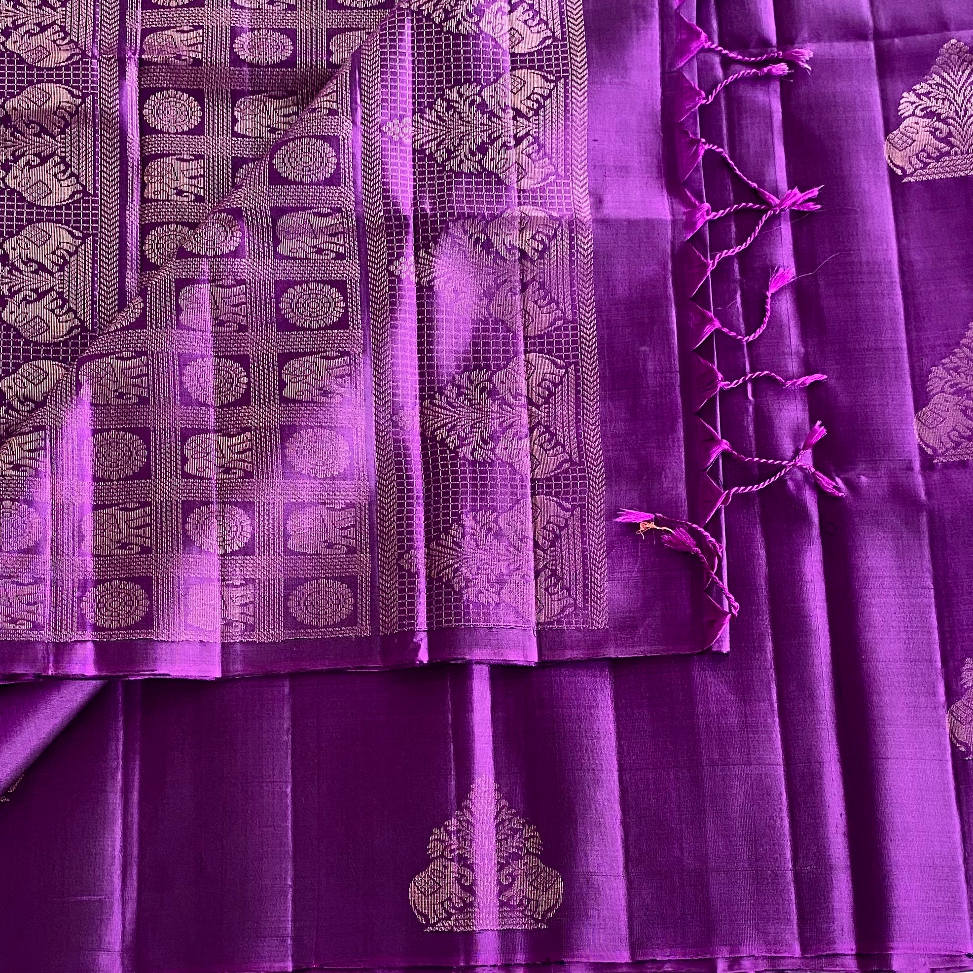 Royal Purple Designer Pure Silk Saree With Antique Gold Buta And Zari