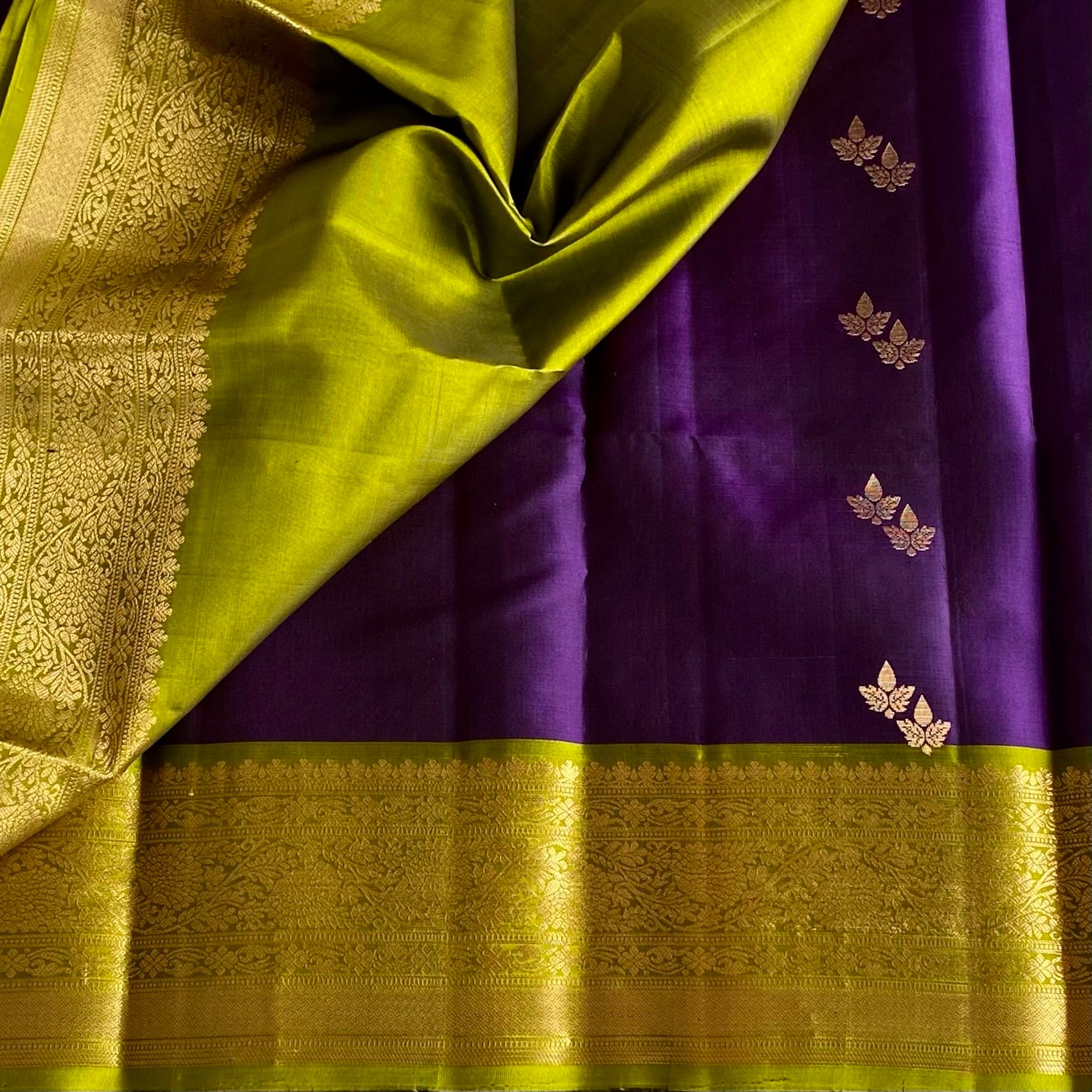 Indigo Purple Designer Pure Silk with Magical Olive Green Contrast