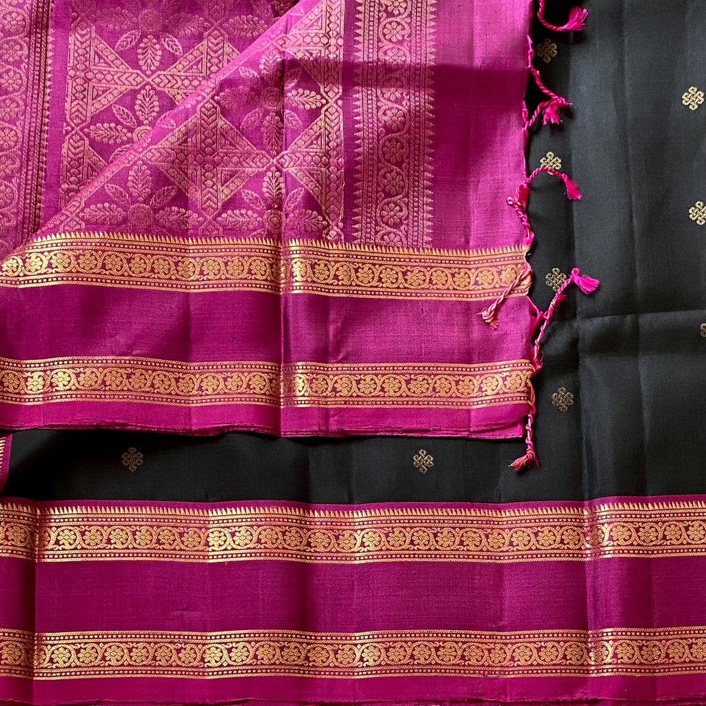Charcoal Black Designer Pure Silk Saree Fuchsia Pink Zari Border