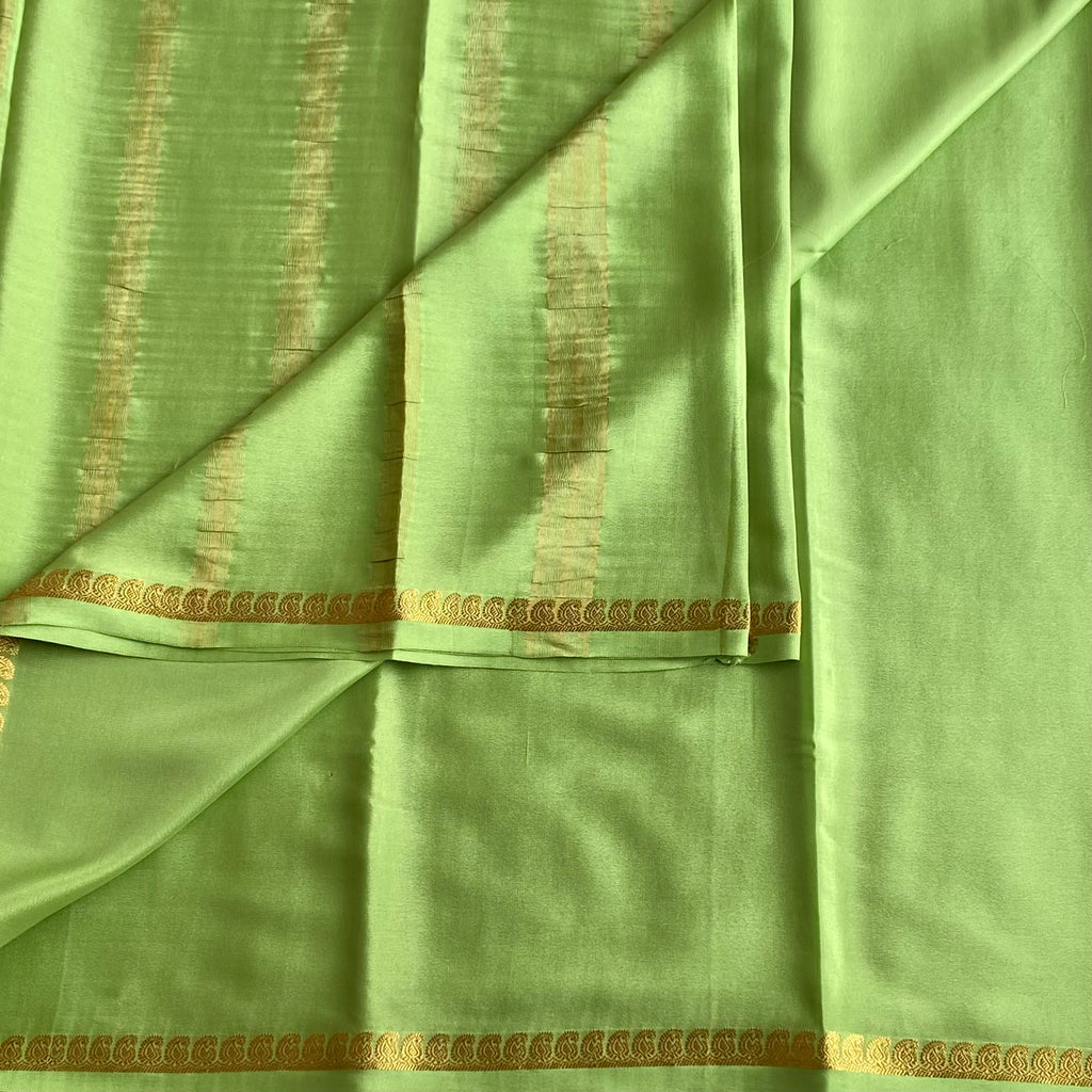 Tiny 1 inch border Lime Green Mysore Crepe Silk Saree With Metallic Gold Stripes
