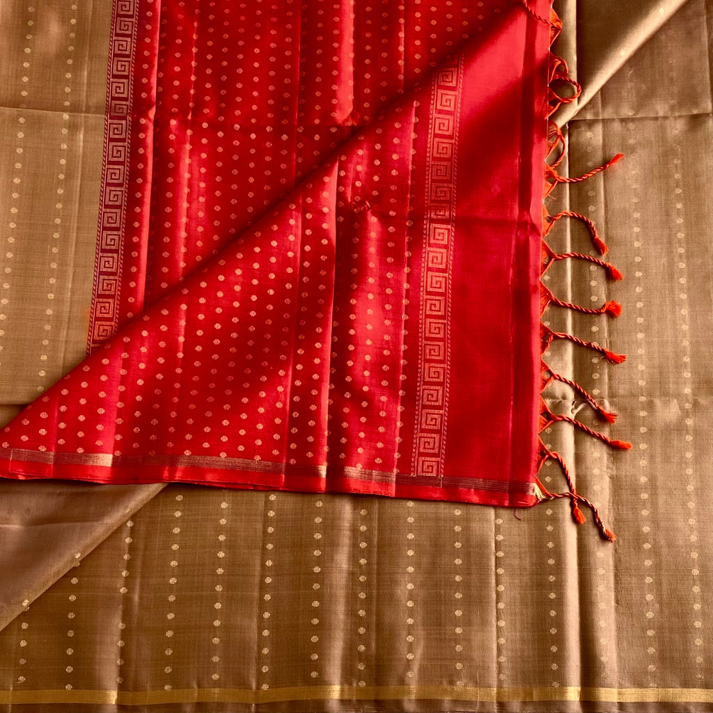 Bronze Brown Designer Pure Silk Saree With Vivid Red Pallu