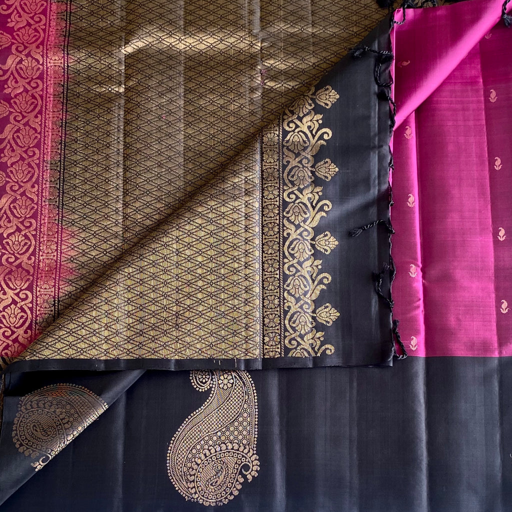 Deep Magenta Designer Pure Silk With Rani Charcoal Black Gold Zari