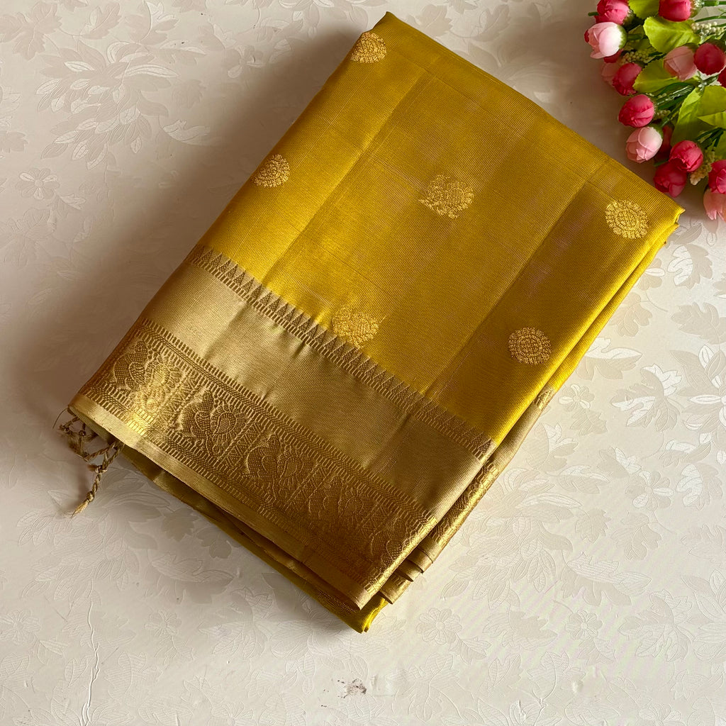 Mustard Yellow & Antique Gold Designer Pure Silk Saree With Zari Buttas