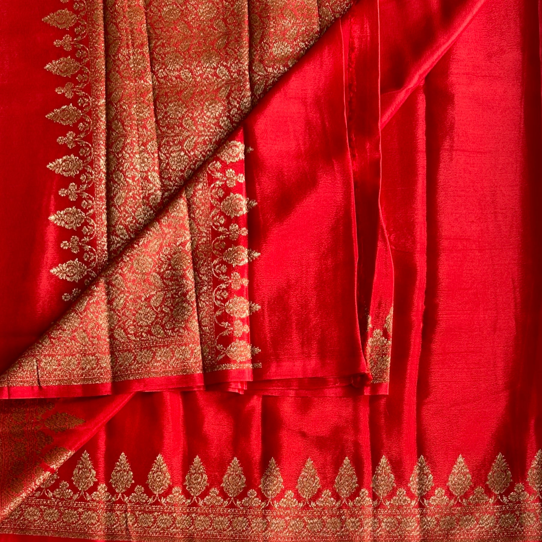 Scarlet Banarasi Soft Crepe with Antique Gold Woven Floral Border