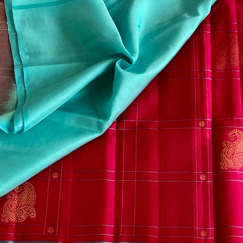 Rani Pink Designer Pure Silk Saree With Aqua Turquoise Pallu
