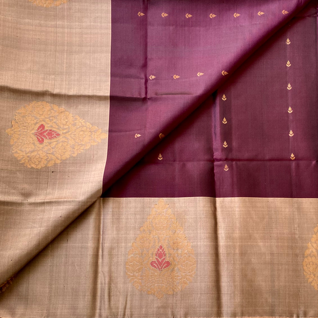 Burgundy Silk Saree with Rose Gold Brocade Pallu and Paisley