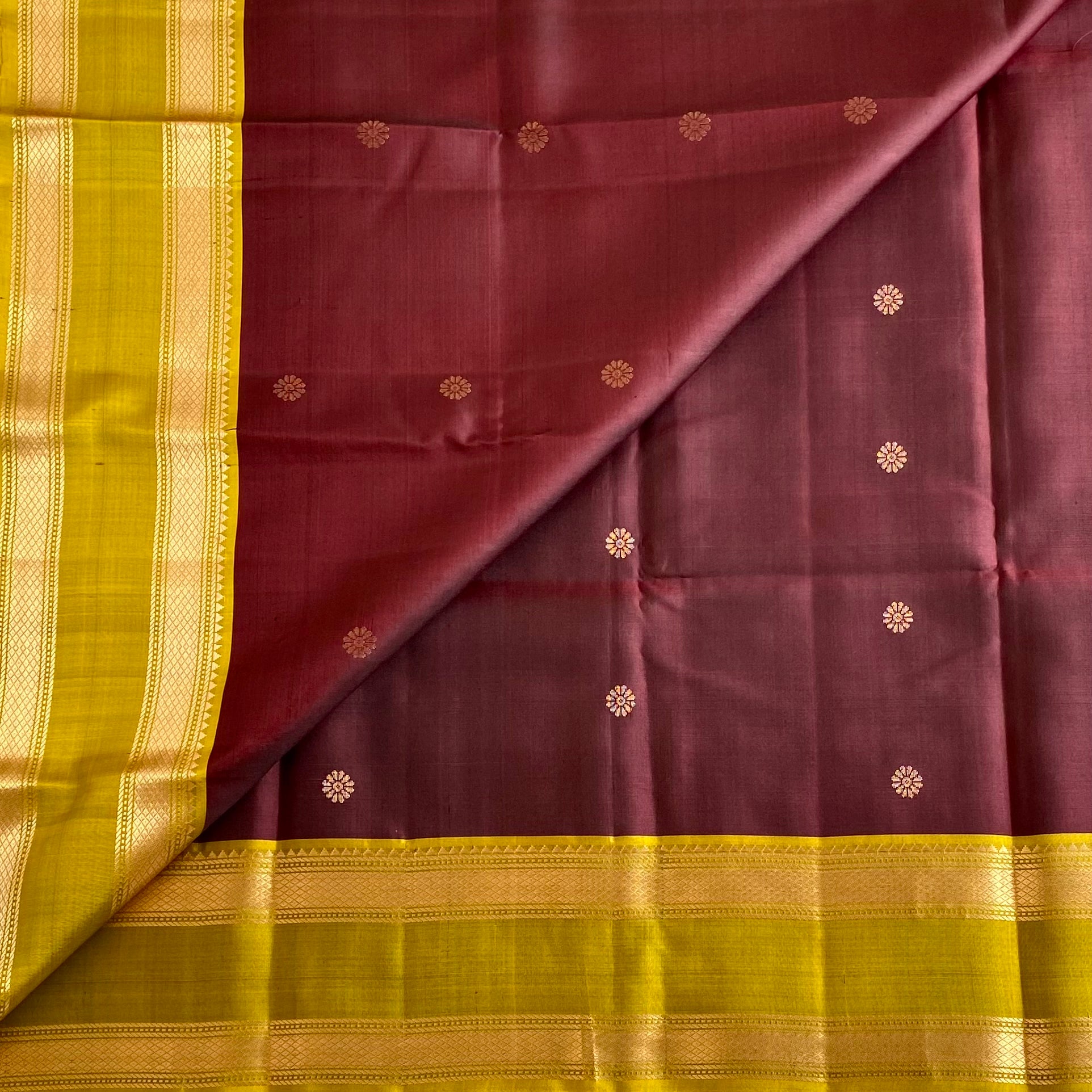 Chocolate Wine Designer Pure Silk Saree With Olive Green Contrast