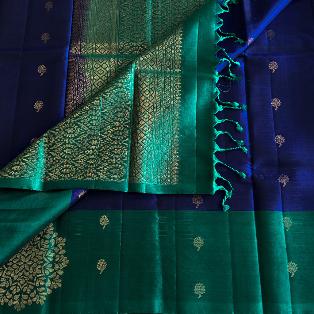 Royal Blue Teal Green Silk Saree Gold Zari Buti Work