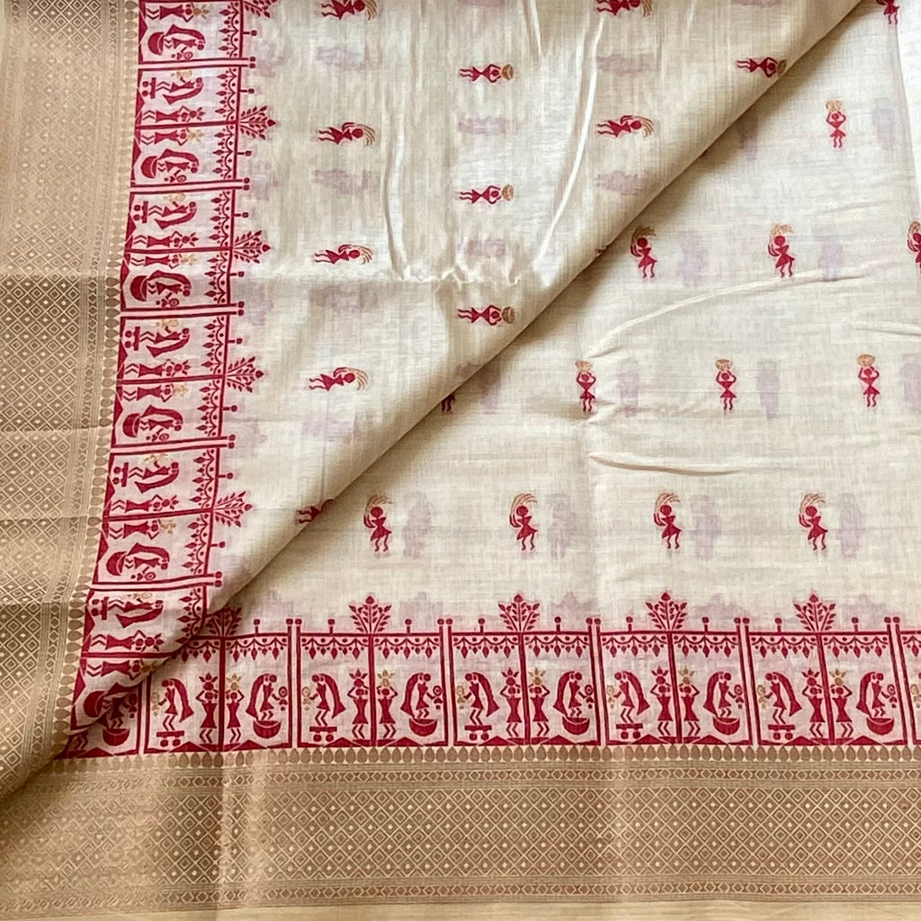 Ivory Maroon Folk Motif Saree With Gold Woven Border Tassel