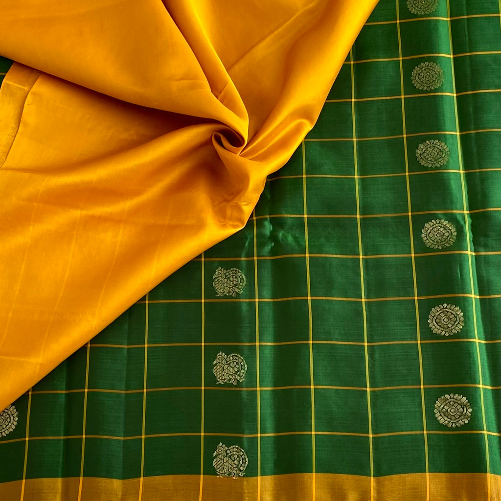 Emerald Green Designer Pure Silk Saree With Golden Yellow Pallu