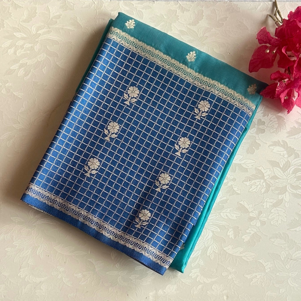 Teal Green Silk Saree Royal Blue Silver Zari Floral Buta