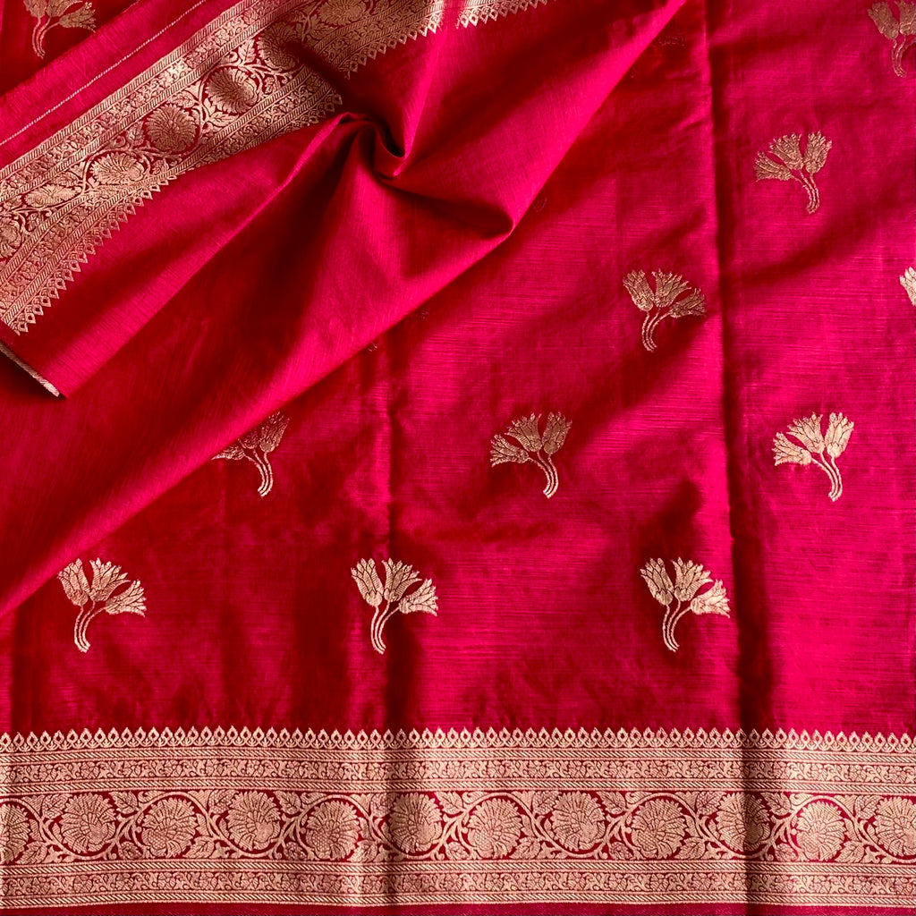 Cherry Pink Soft Tussar Silk Saree With Metallic Gold Zari Border