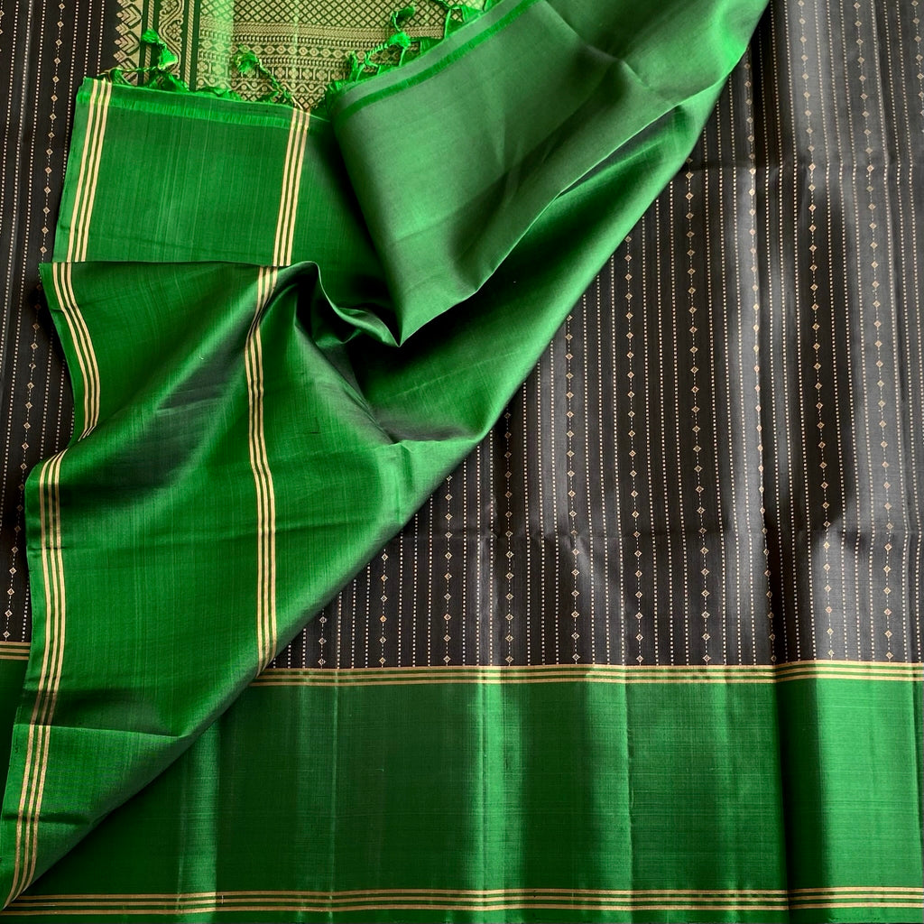 Jet Black Twilight Zari with Emerald Green Designer Pure Silk