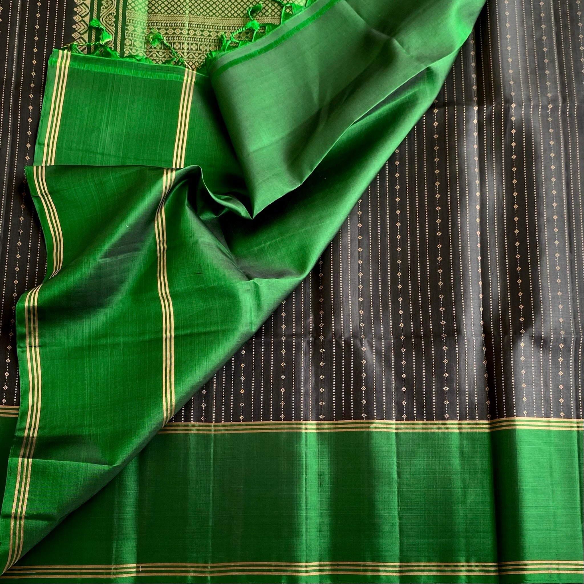 Jet Black Twilight Zari with Emerald Green Designer Pure Silk