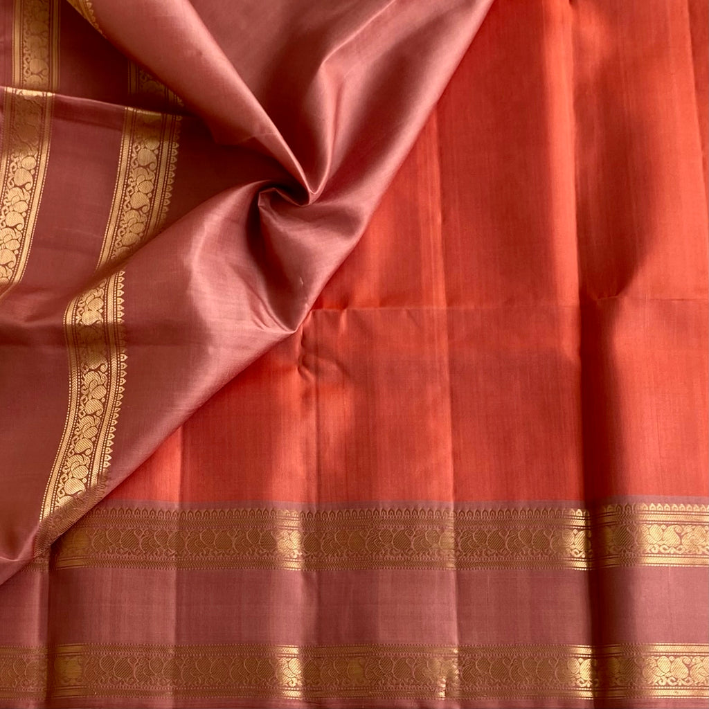 Sorbet Peach Orange Designer Pure Silk Saree With Dusty Rose Pallu