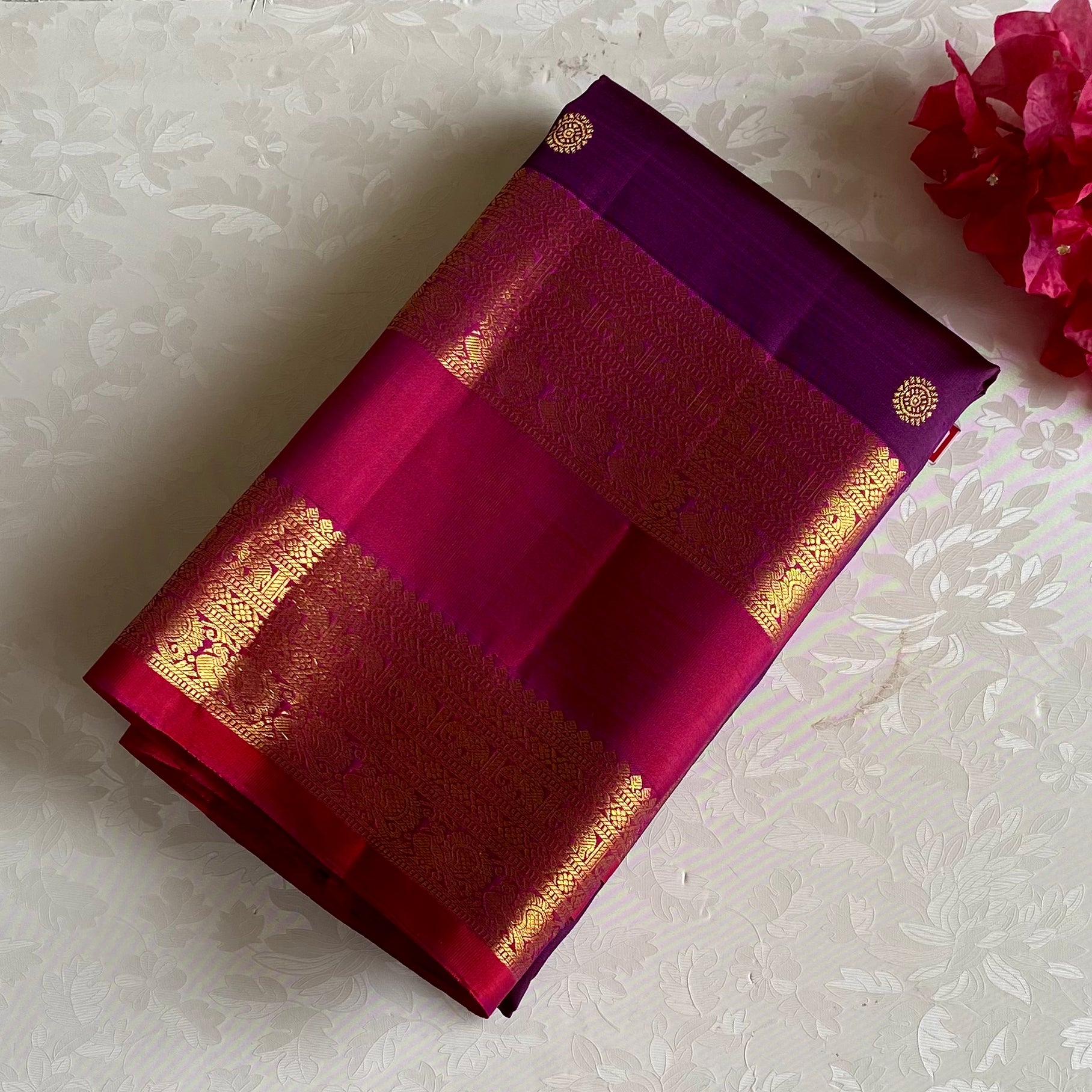 Royal Purple Kanjeevaram Pure Zari Silk With Magenta Retta Petta Borders