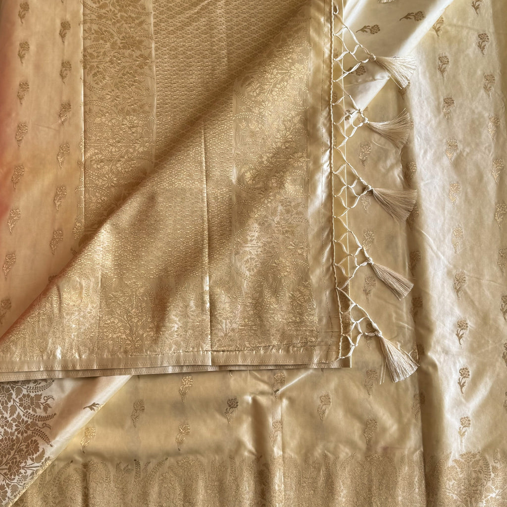 Champagne Gold Brocade Silk Saree With Tassel Pallu For Wedding