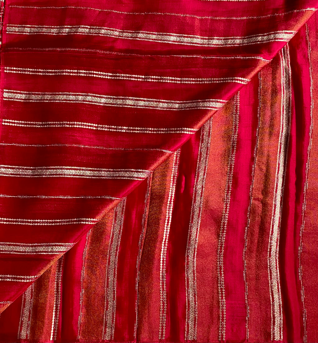 Red Gold Silk Saree With Green Border Festive Traditional Wear