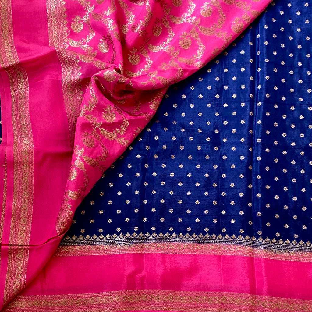 Royal Blue Fuchsia Pink Woven Saree Gold Zari Buti Border