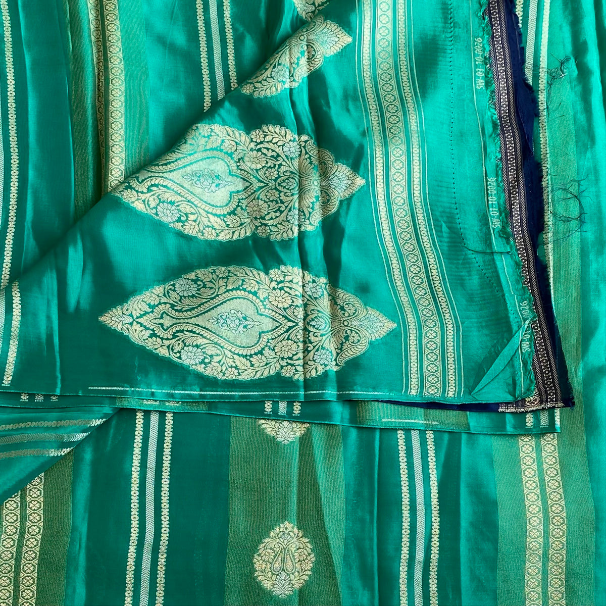 Peacock Sea Green Designer Soft Crepe Saree With Antique Gold Pallu