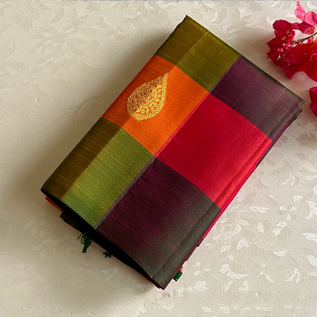 Vibrant checkered Kanjeevaram Pure Zari Silk Saree With bottle green Pallu