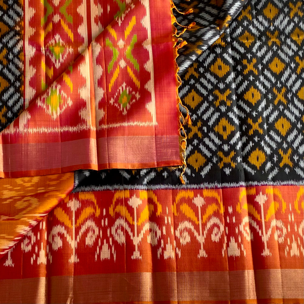 Stunner Black with Burnt Orange Ikkat Handwoven Pure Silk
