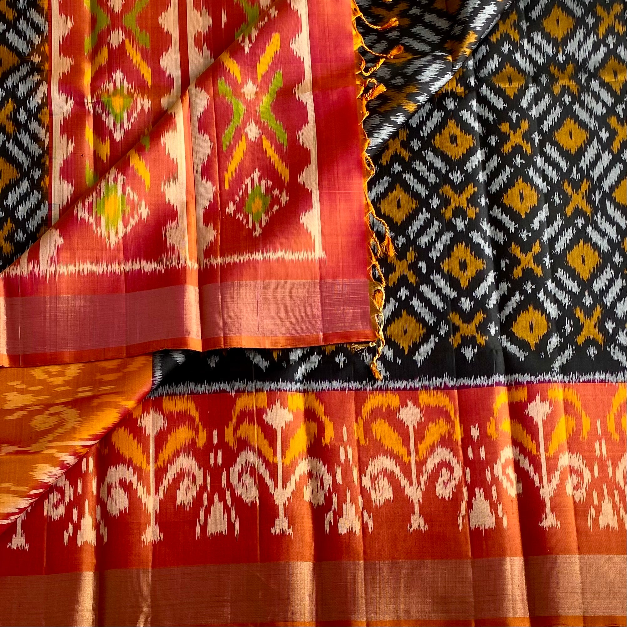 Stunner Black with Burnt Orange Ikkat Handwoven Pure Silk