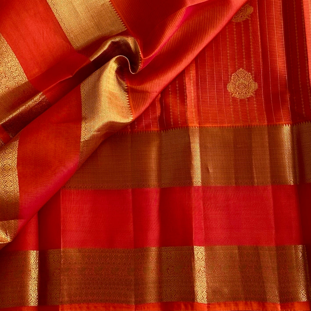 Kanakambari Orange Designer Pure Silk With Retta Pett Borders