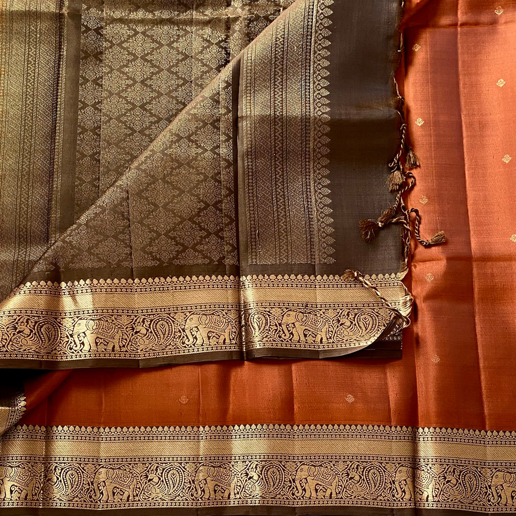 Burnt Orange Designer Pure Silk Saree Hazelnut Brown Zari Border