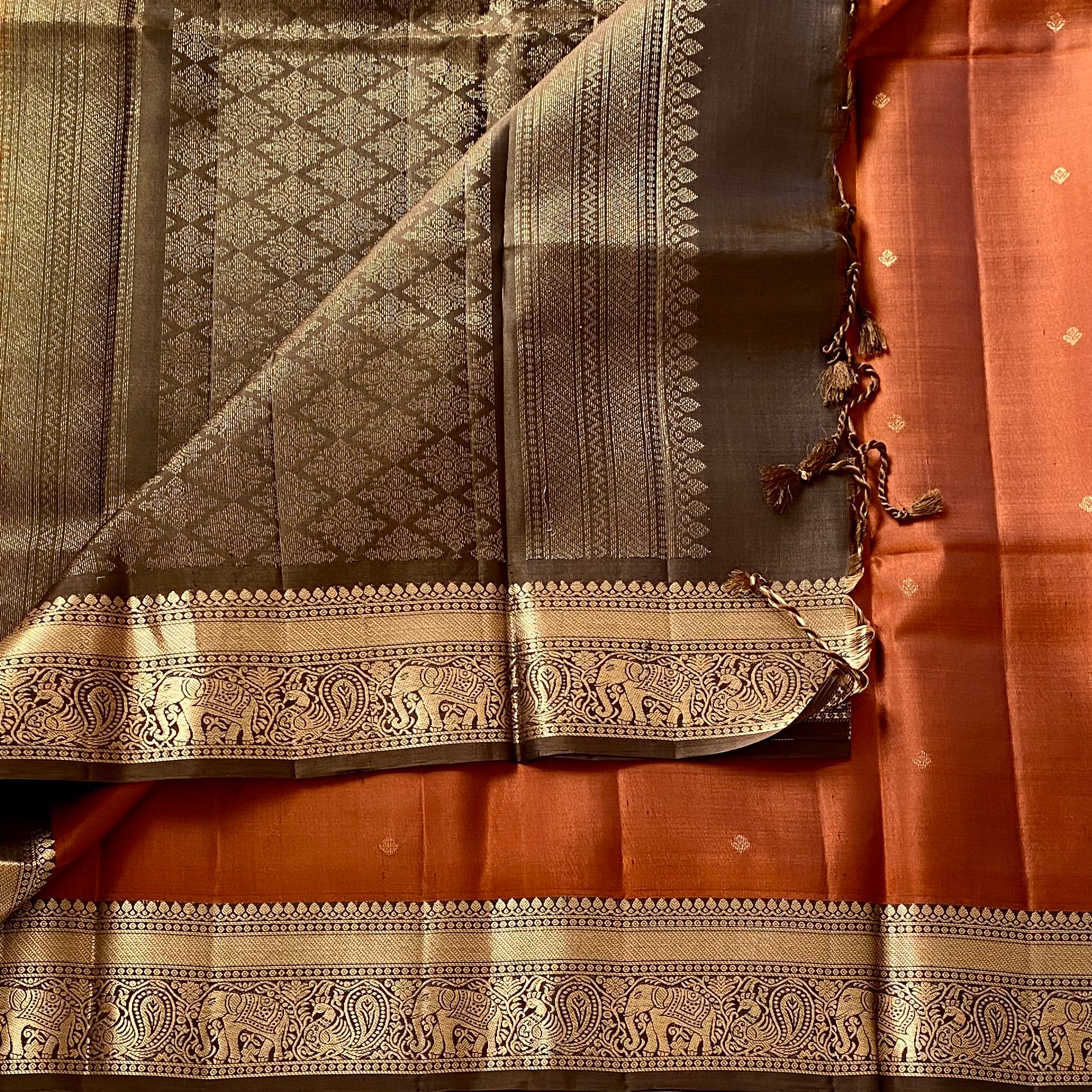 Burnt Orange Designer Pure Silk Saree Hazelnut Brown Zari Border