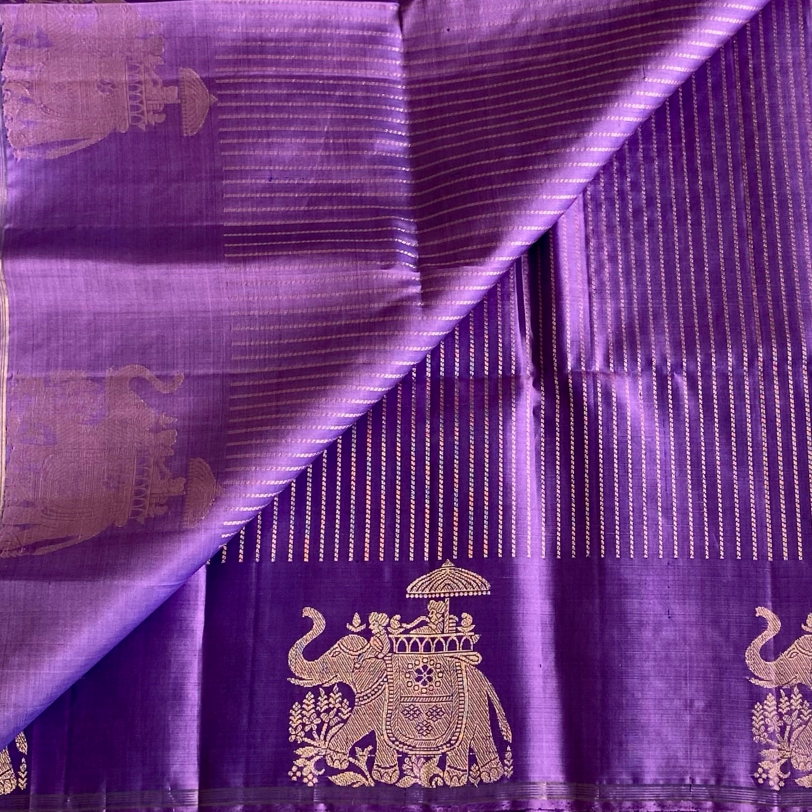 Metallic Lavender Designer Pure Silk Saree With Antique Gold Motifs