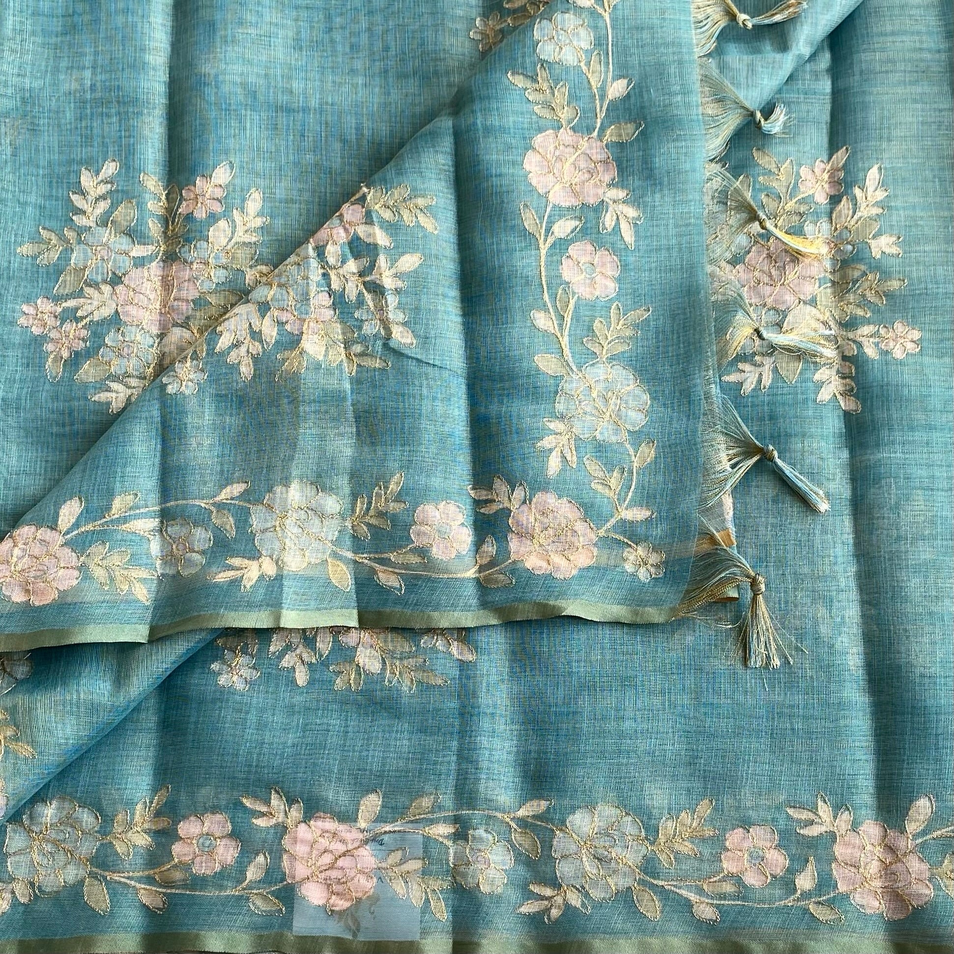 Teal Blue Soft Linen Tussar Saree With Pale Pink Embroidery