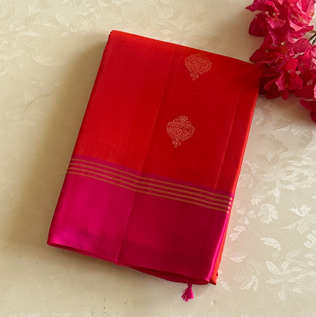 Fuchsia Vermilion Silk Saree Gold Zari Geometric Pallu Wedding Wear