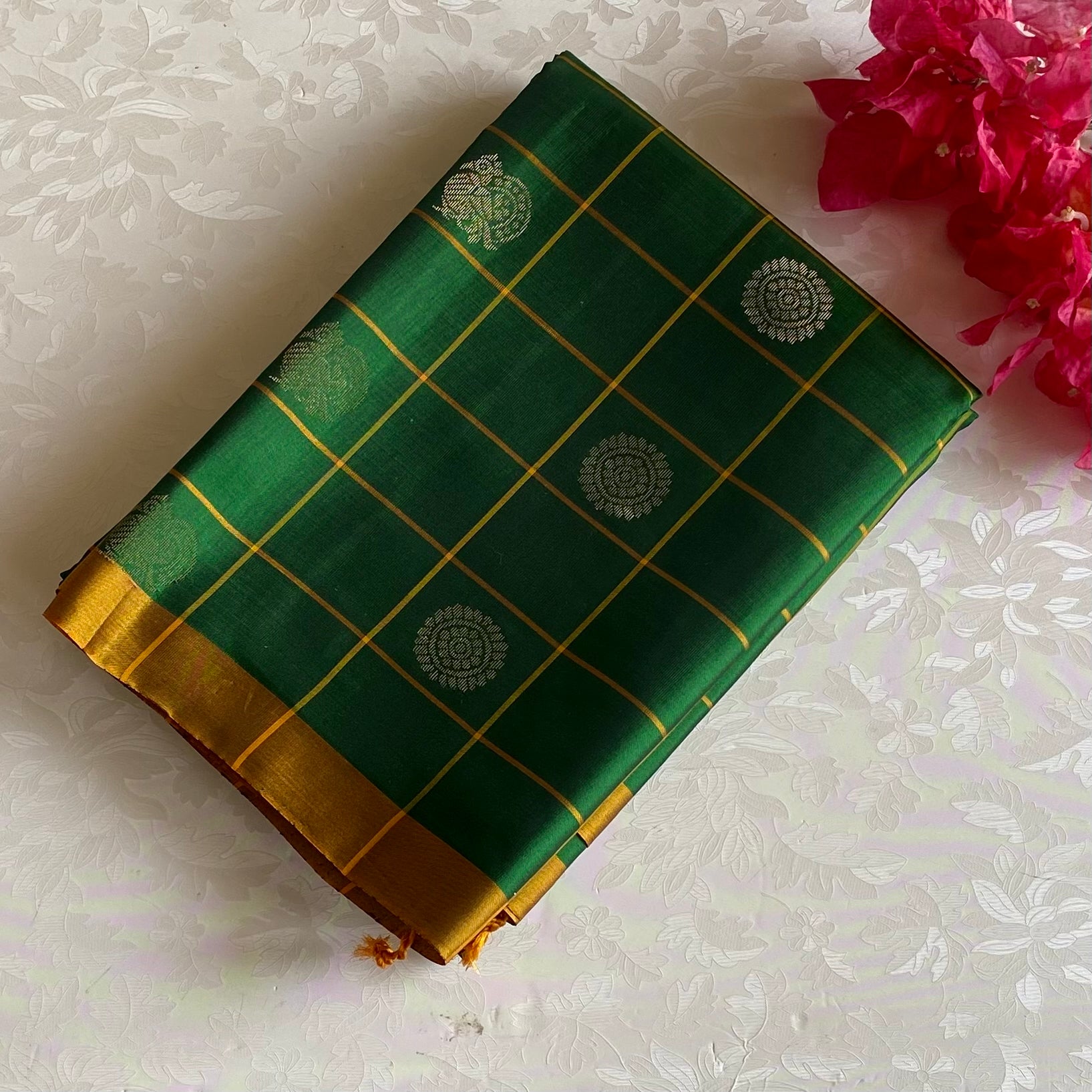 Emerald Green Designer Pure Silk Saree With Golden Yellow Pallu