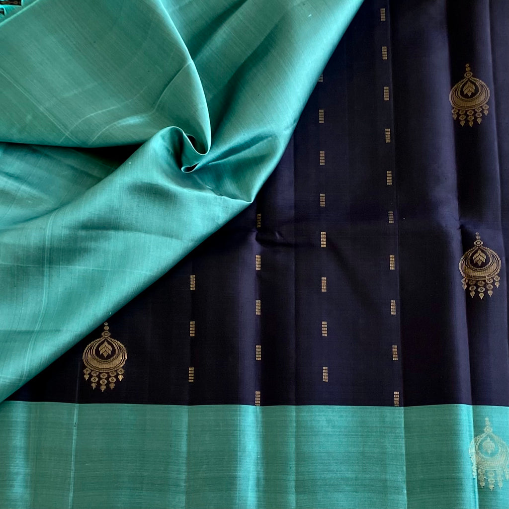 Midnight Navy Designer Pure Silk With Teal Green Pallu