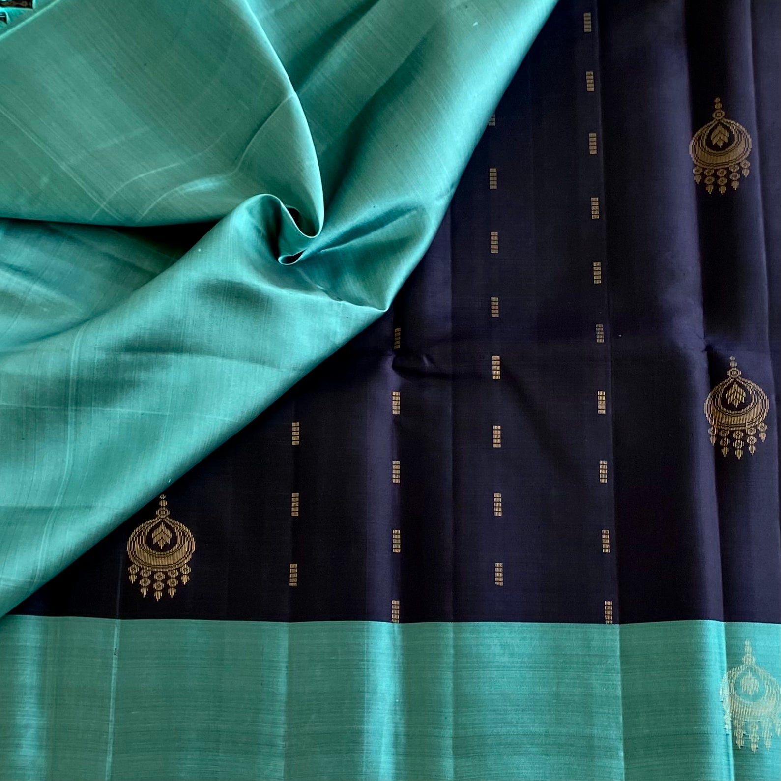 Midnight Navy Designer Pure Silk With Teal Green Pallu