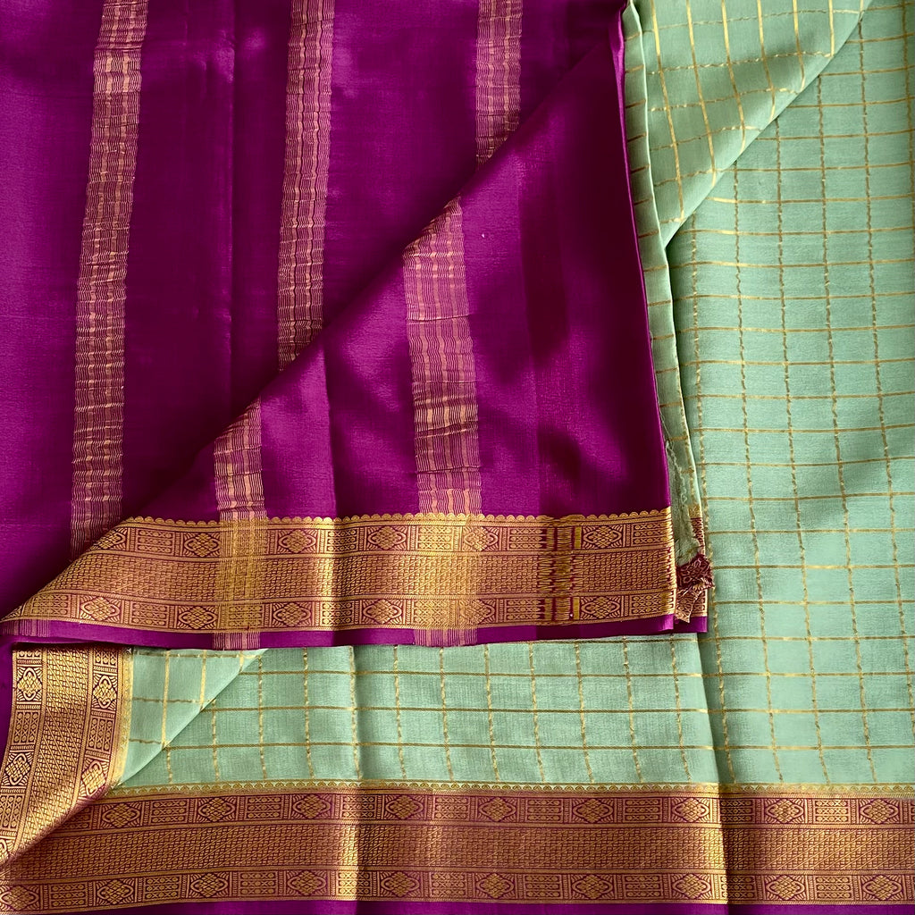 Sage Green Mysore Crepe Silk Saree With Magenta Border And Gold Zari