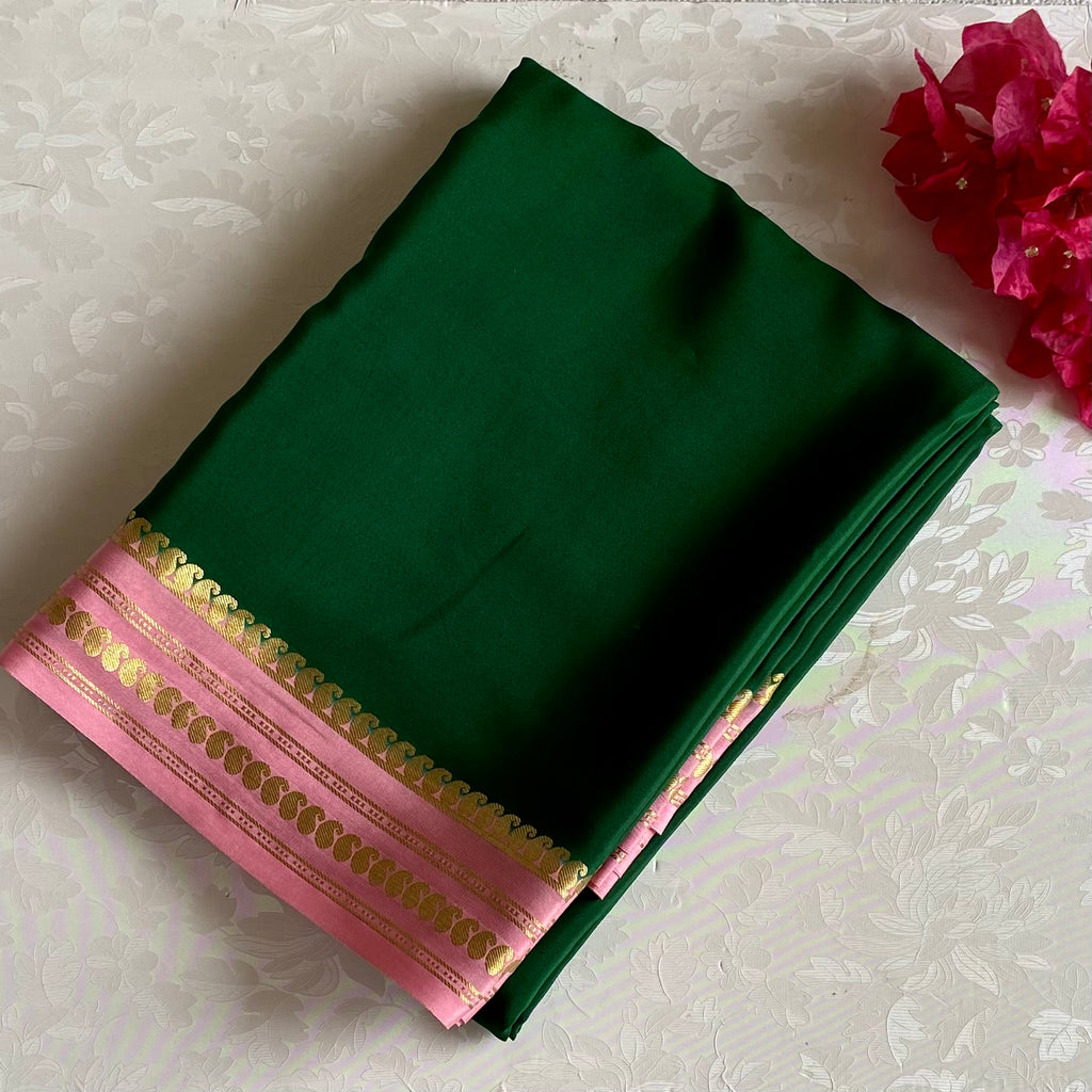 Rose Pink Mysore Crepe Silk Saree Emerald Green Pallu Zari Border