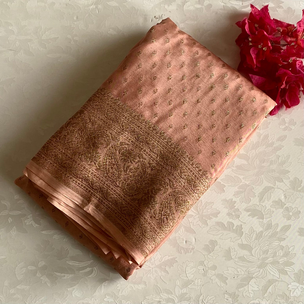 Copper Peach Banarasi Crepe Silk Saree With Rose Gold Jaal Work