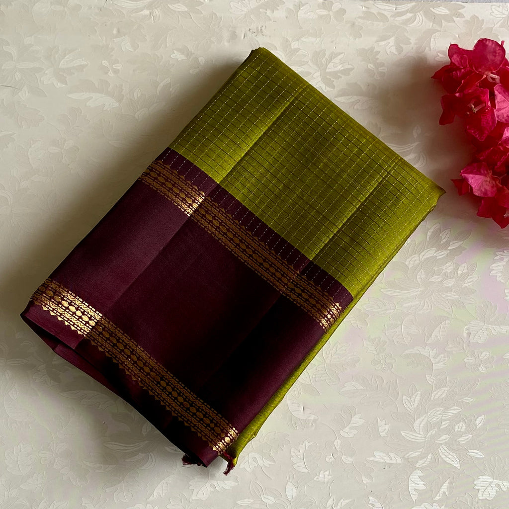 Burgundy Designer Pure Silk Saree With Lime Green Contrast Panel