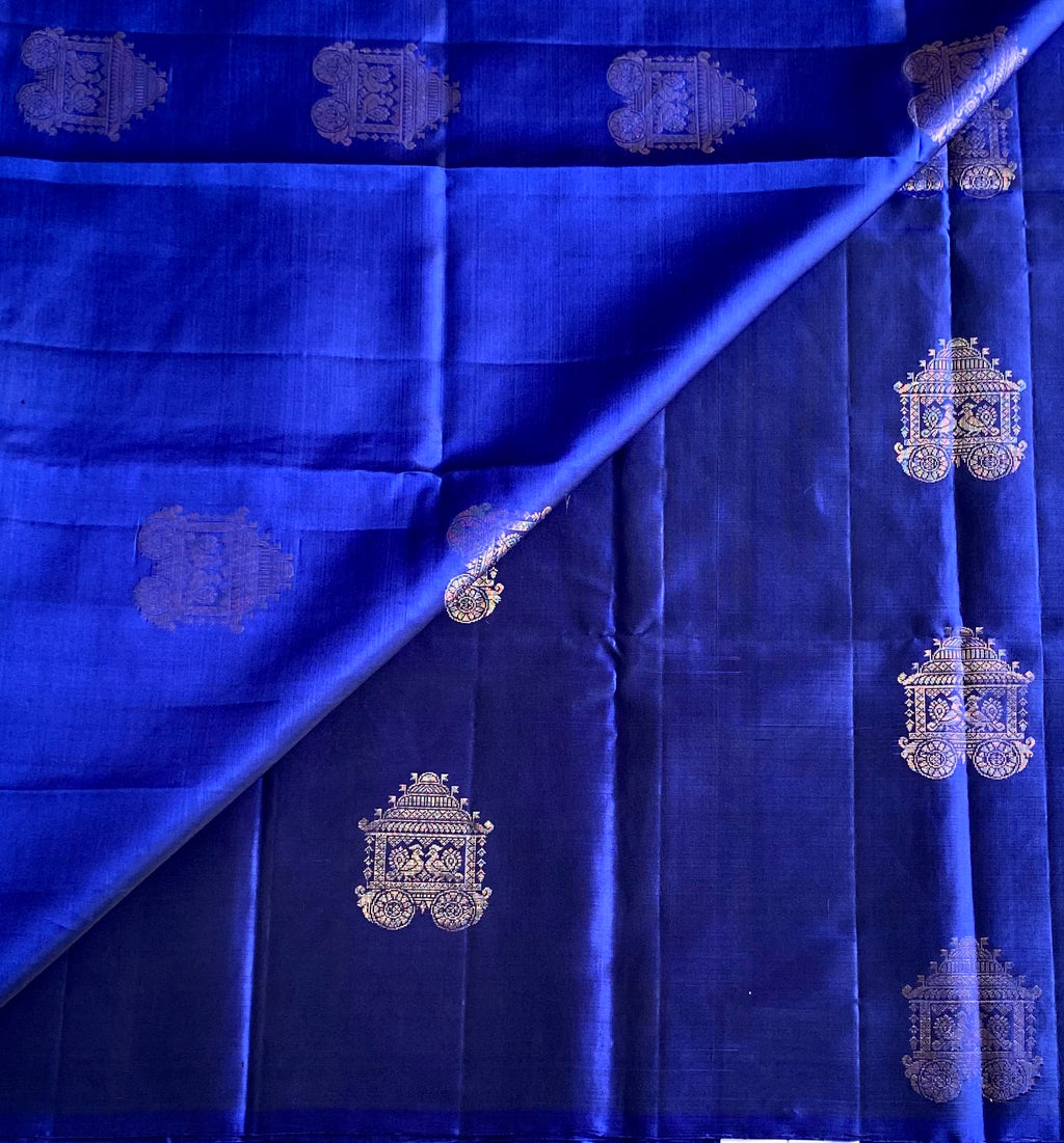 Cobalt Blue Banarasi Silk Saree Copper Gold Brocade Temple Motifs