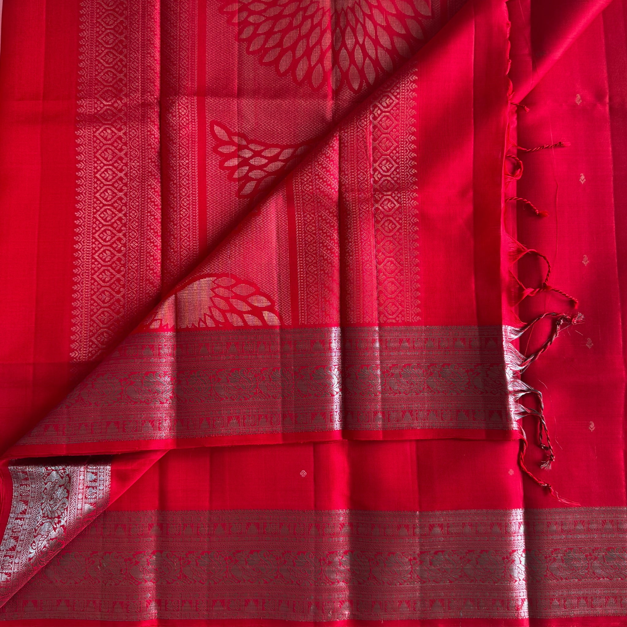 Crimson Silk Saree With Silver Zari Border And Petal Pallu
