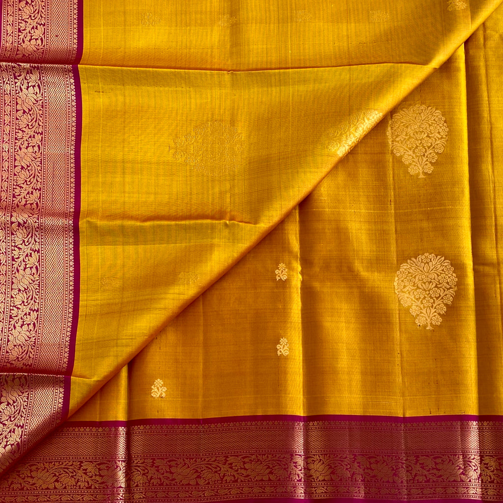 Mustard Gold Handloom Designer Pure Silk Saree With Raspberry Pink Pallu