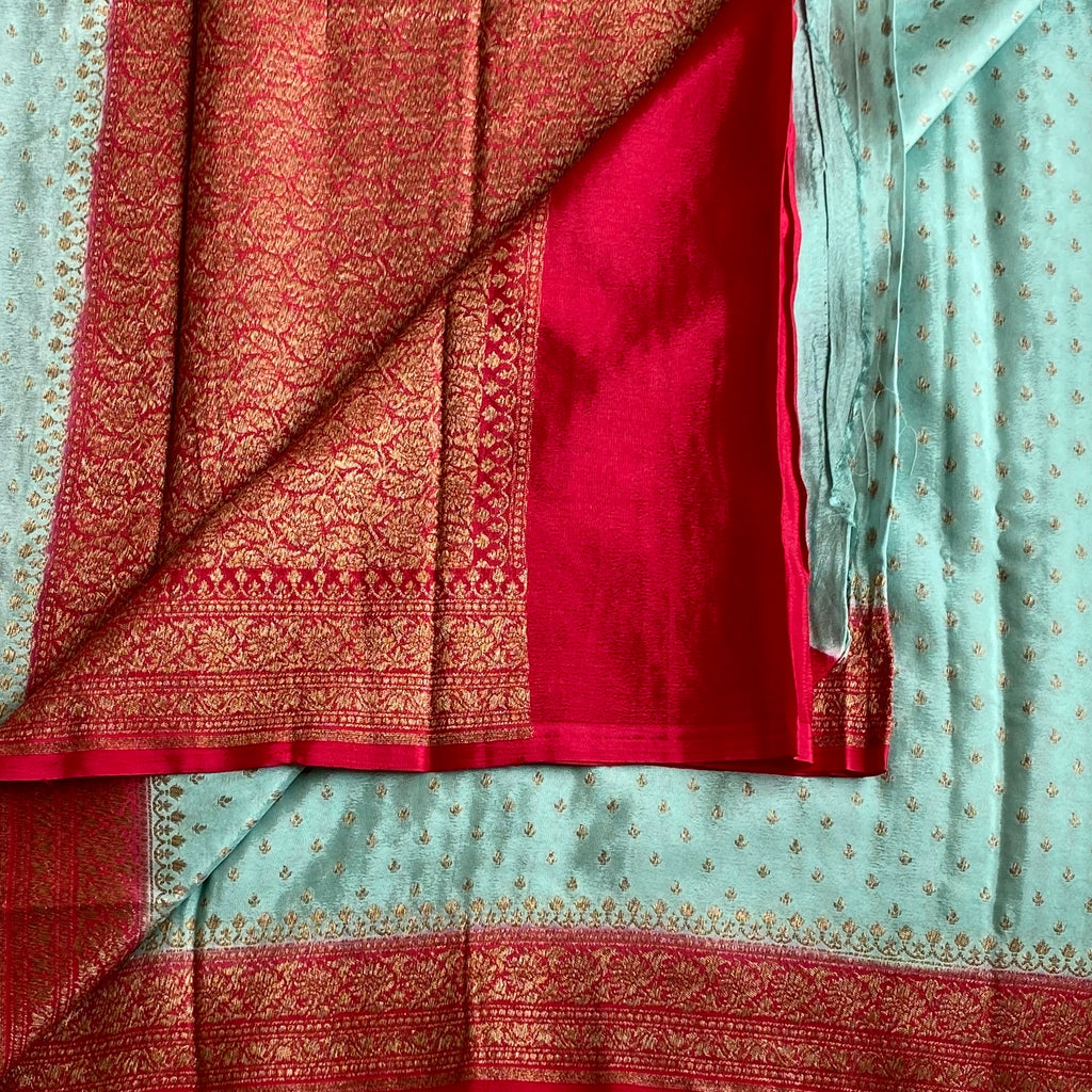 Seafoam Green Banarasi Crepe Silk Saree With Ruby Red Pallu