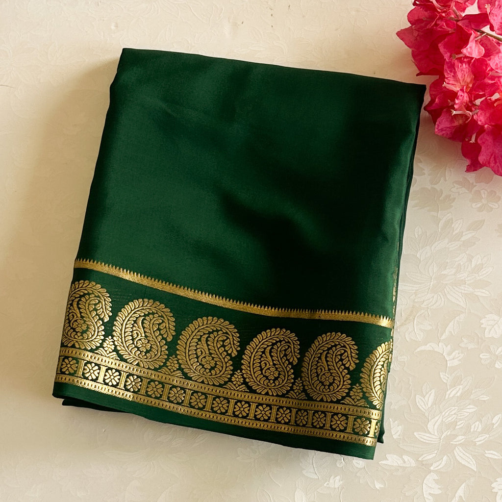 Emerald Green Mysore Silk Saree Gold Mango Border Traditional Festive Wear