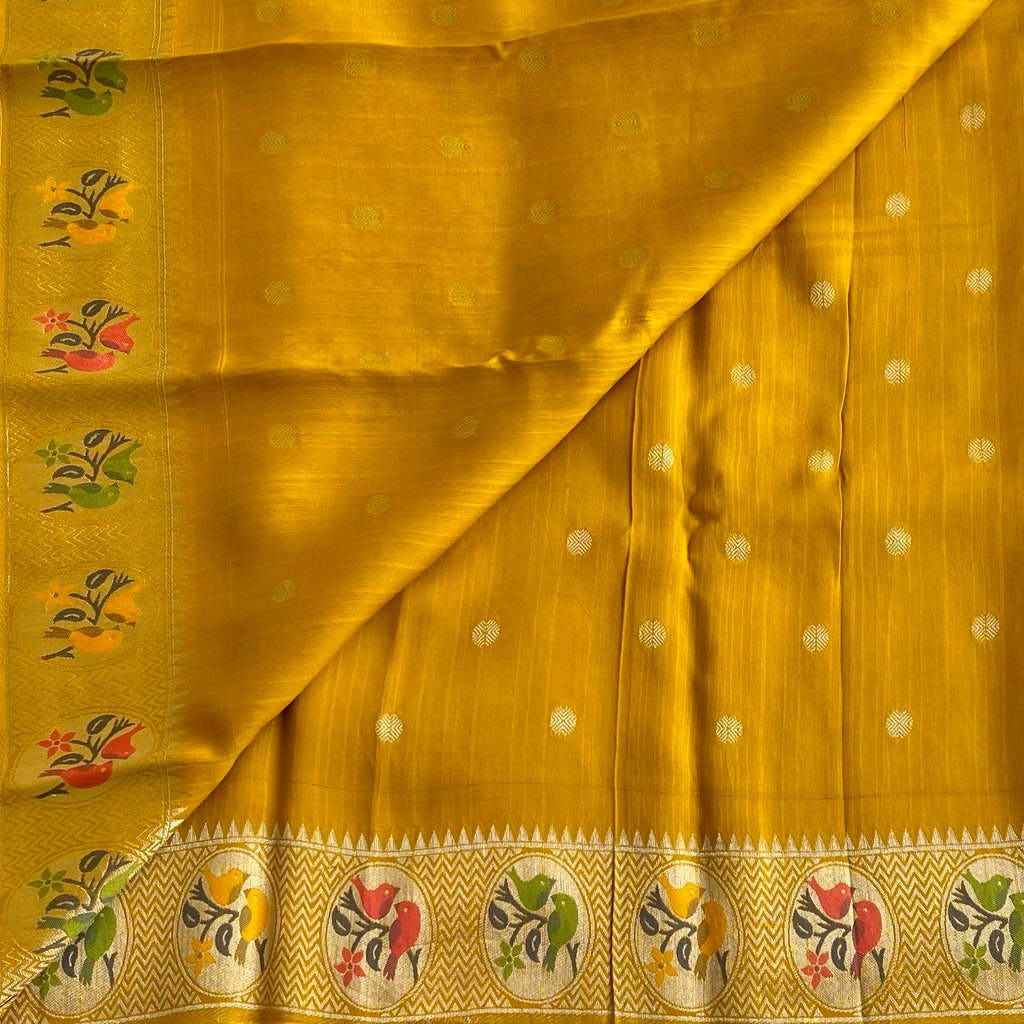 Mustard Yellow Soft Tussar Silk Saree With Olive Green Medallion Pallu