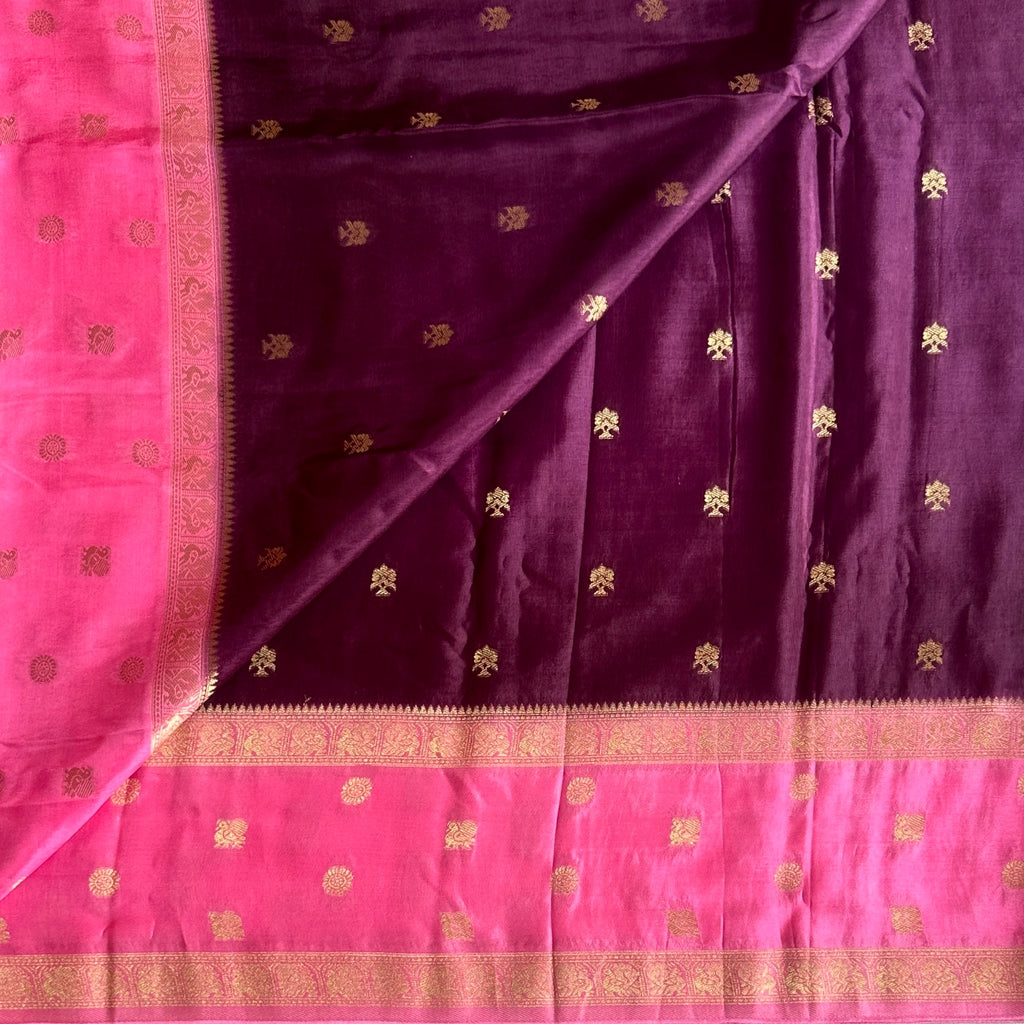 Fuchsia Plum Silk Saree Gold Woven Buti Contrast Border