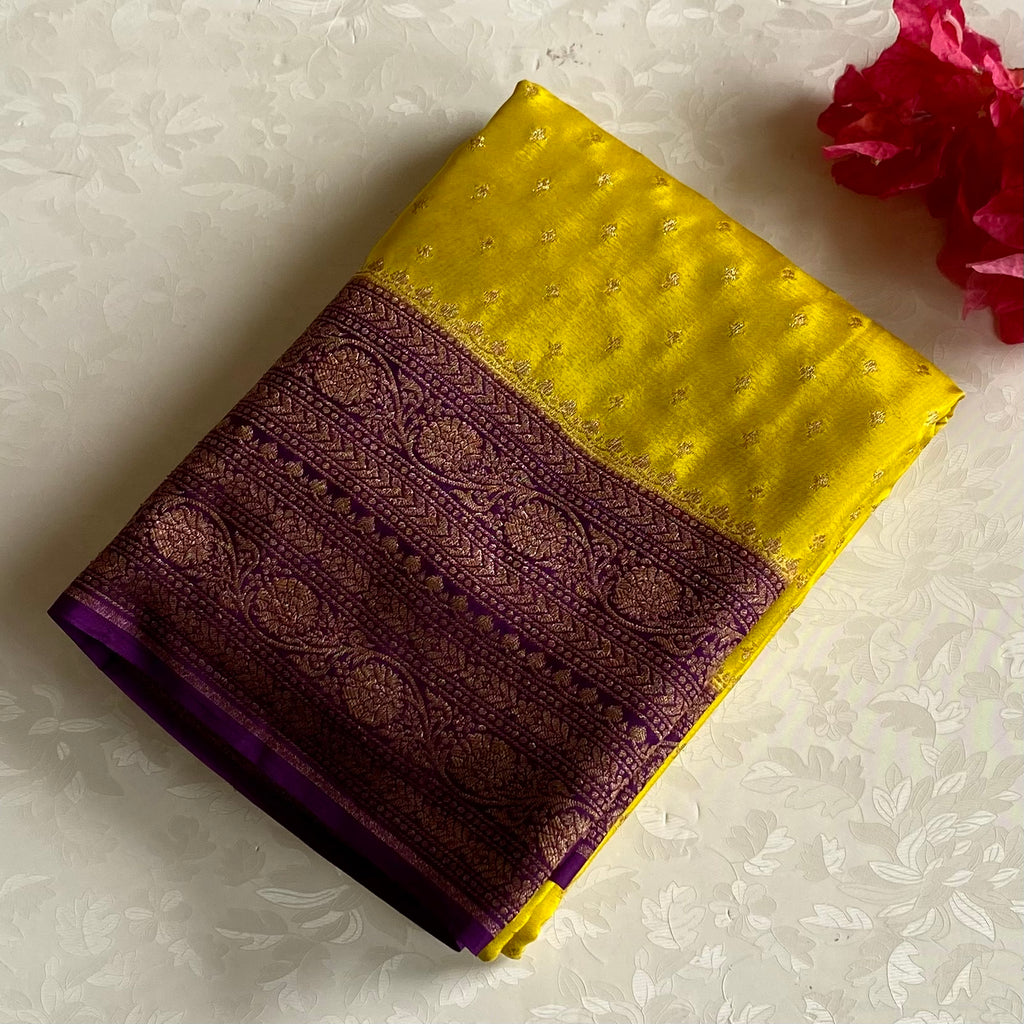 Lemon Yellow Banarasi Crepe Silk Saree With Royal Purple Pallu