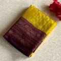 Lemon Yellow Banarasi Crepe Silk Saree With Royal Purple Pallu