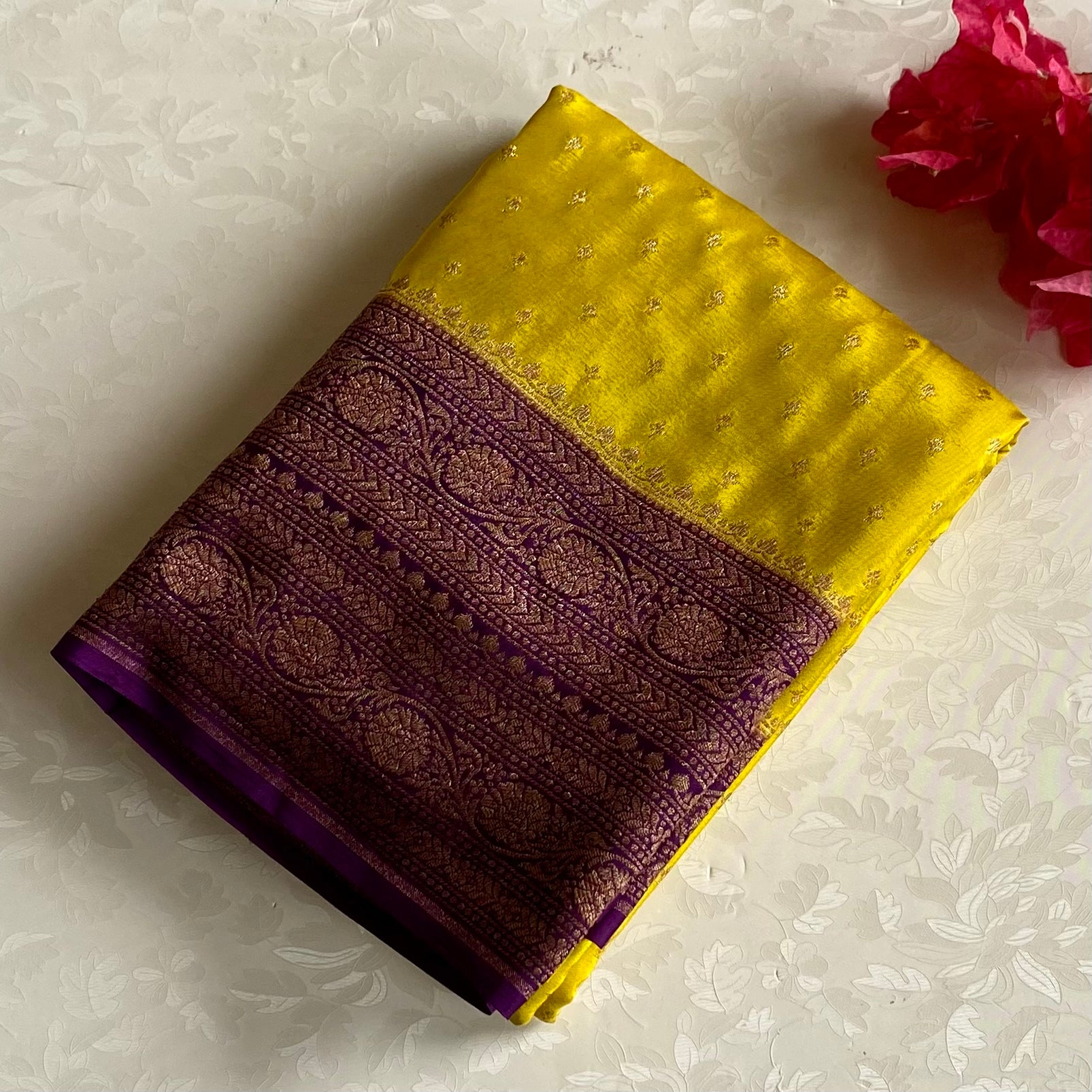 Lemon Yellow Banarasi Crepe Silk Saree With Royal Purple Pallu